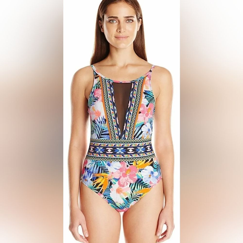 La Blanca Standard High Neck Mesh detail One-piece Swimsuit Tropical Floral | 14